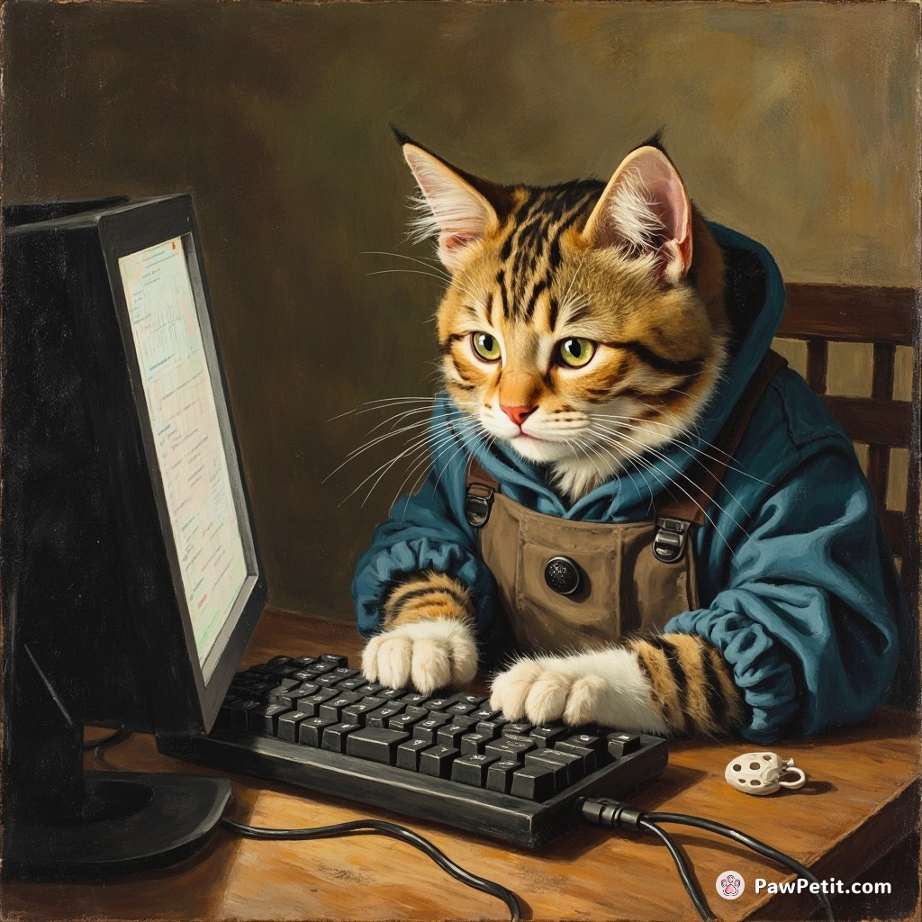 In a world where cats code, Whiskers types furiously, convinced his "meow-puter" can outsmart human computers.