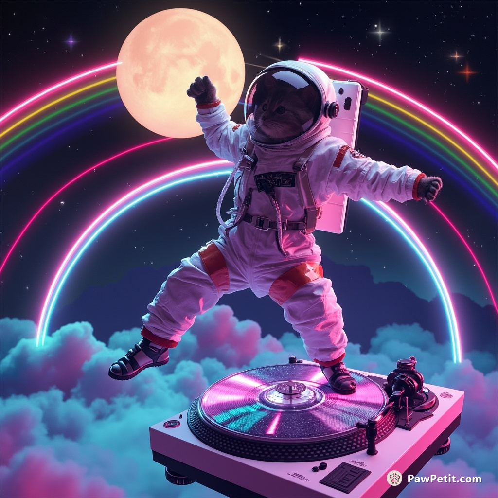 Cat breakdancing on a flying disco turntable in an astronaut suit under a rainbow moon.