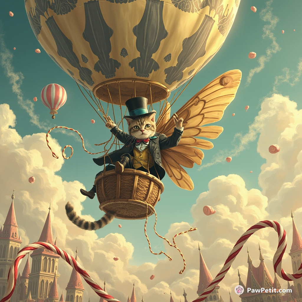 A dapper cat riding a moth-shaped hot air balloon over a marshmallow cityscape, using long licorice whips as reins.