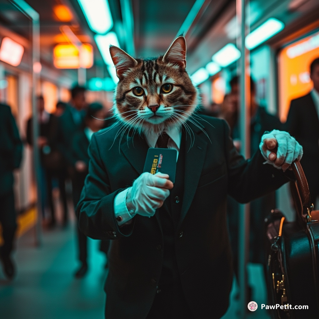Mischievous feline endeavors to bear briefcase and swipe subway card, trading litter-box sand for businessman's suit-and-tie shuffle.