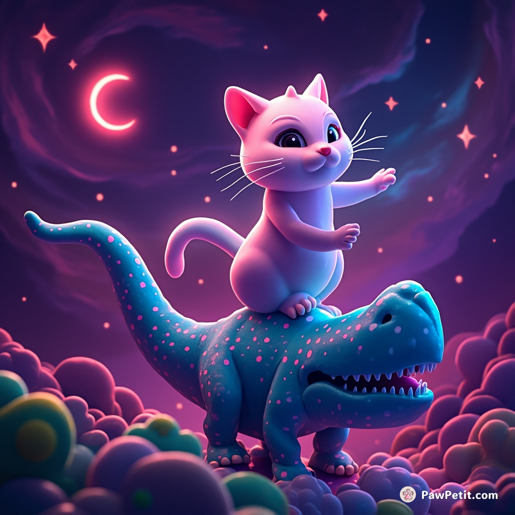 A neon cat performing ballet on a dinosaur's head in a swirling galaxy.