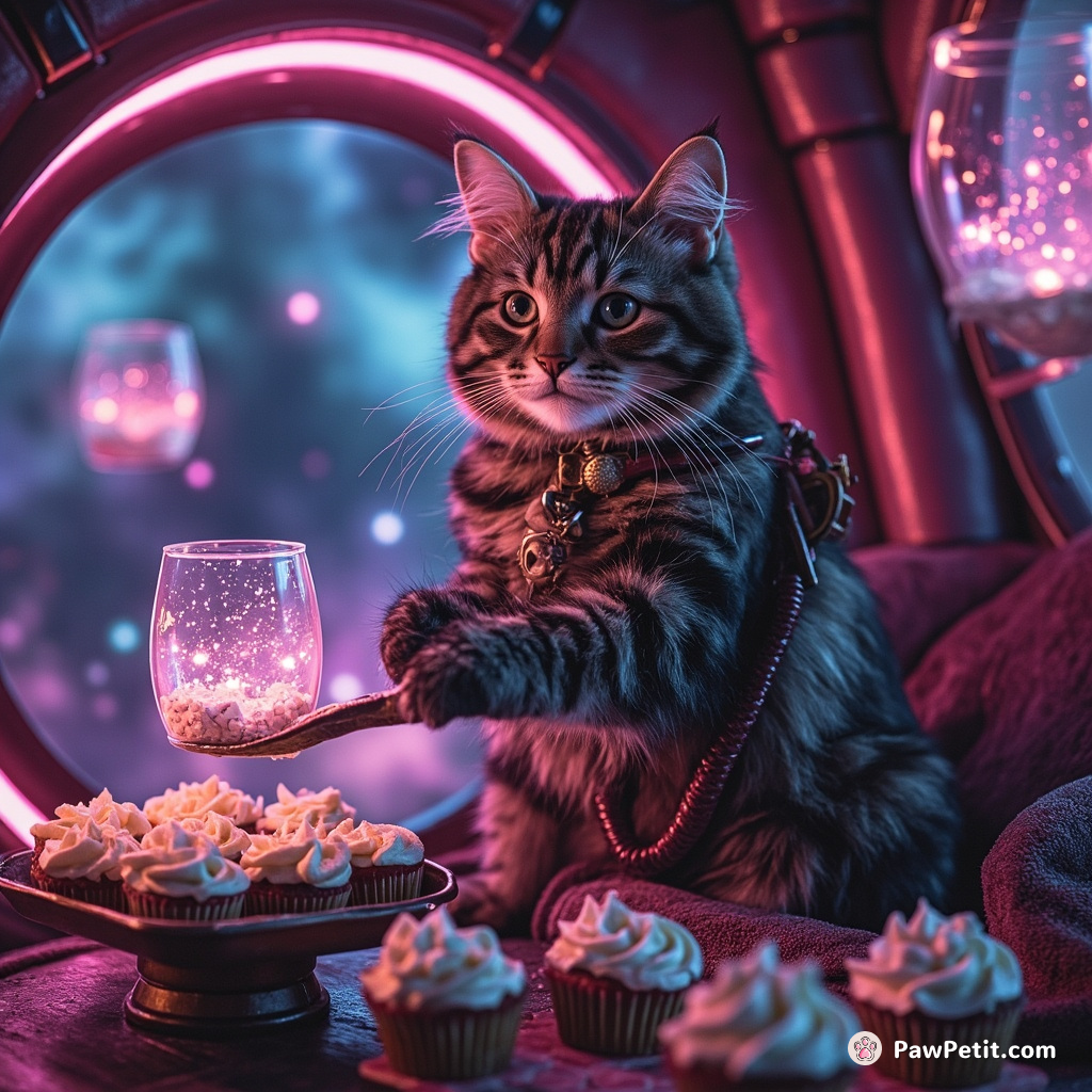 A steampunk cat baking nebula cupcakes on a Victorian spaceship, with floating glass jars of fairy-dusted ingredients around it.