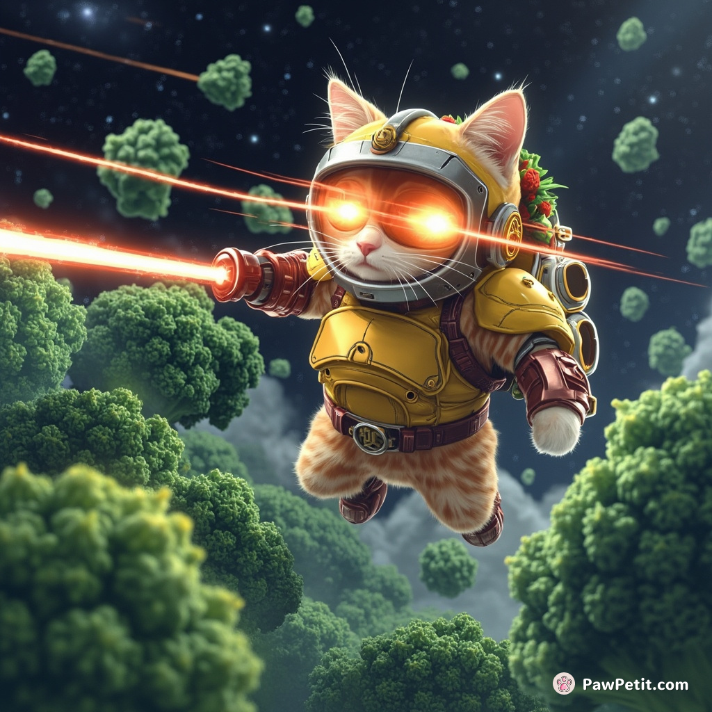 A cat, dressed in a taco-shape armour, battles with lasers coming from its eyes on overgrown broccoli in space.