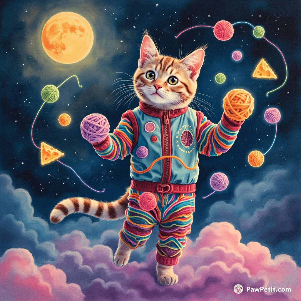 Cybernetic space cat juggling neon yarn balls under a glowing cheese moon.