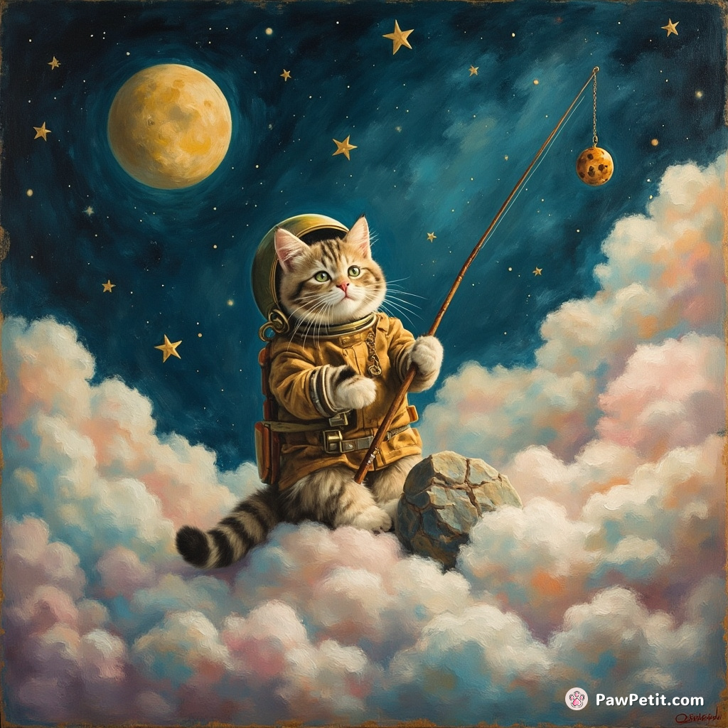 Space cat fishing for moon rocks on a candy cotton cloud.