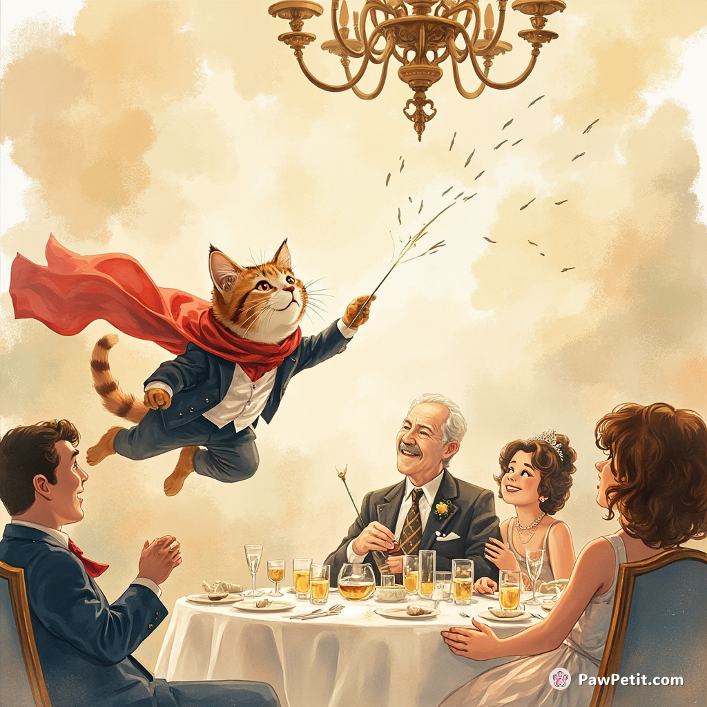 A cat accidentally becomes a hero by swatting a falling chandelier, saving a mayor's life at a gala.