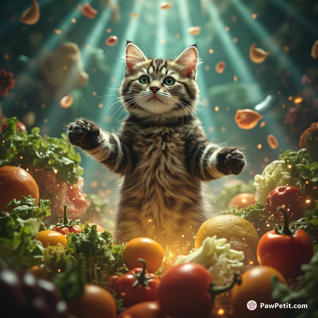 A cat levitating and assembling a vegetable orchestra using psychic powers in a floating crystal cathedral.