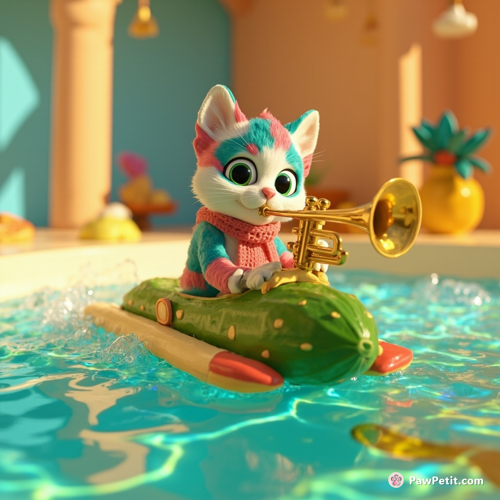 A turquoise-and-magenta striped cat riding a speedboat made of cucumber in a pool full of warm honey, while playing a tiny trumpet.