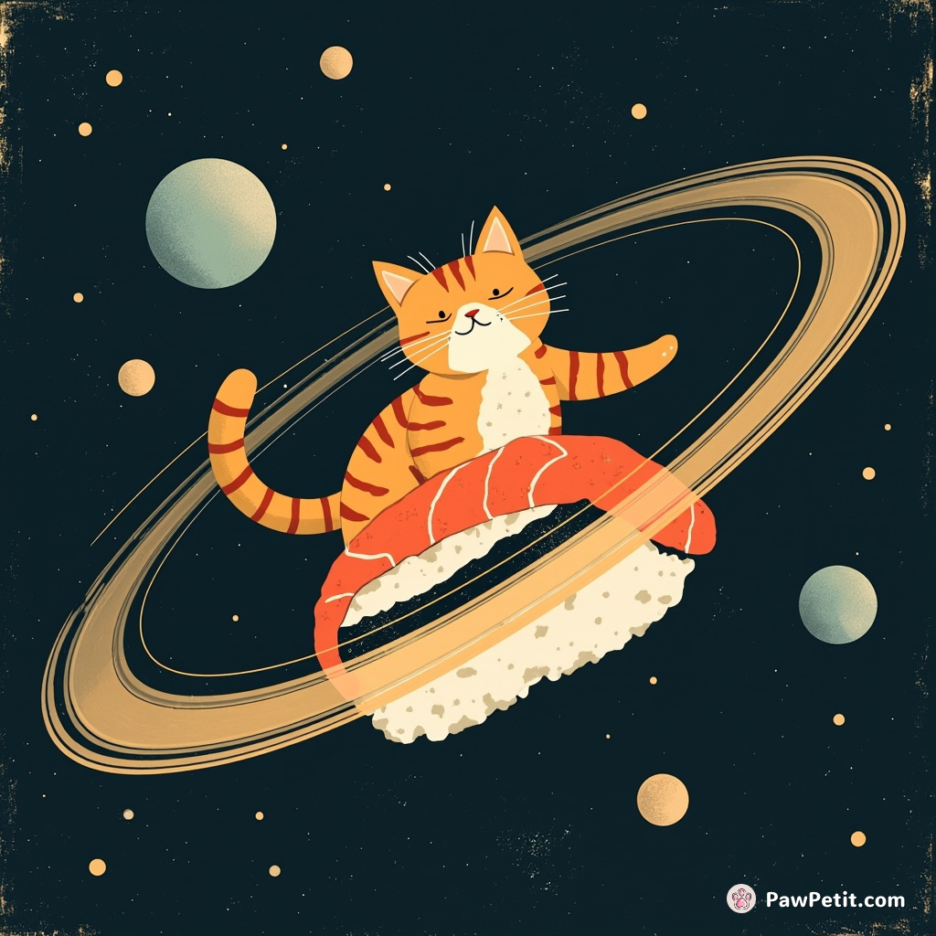 A portly tabby cat surfing on a giant piece of sushi in outer space close to the rings of Saturn.
