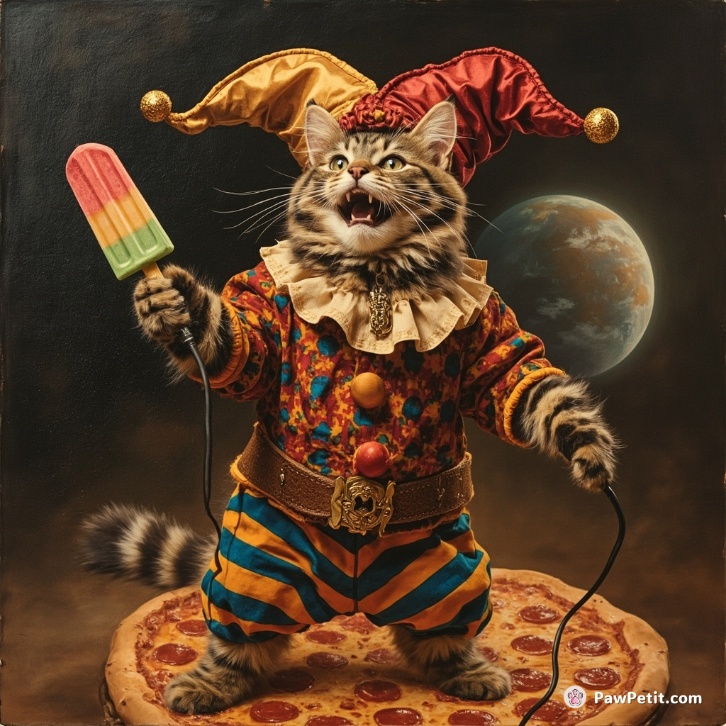 A tabby cat adorned in full jester attire, doing routine comedy on a pizza planet, popsicle-shaped microphone in paw.