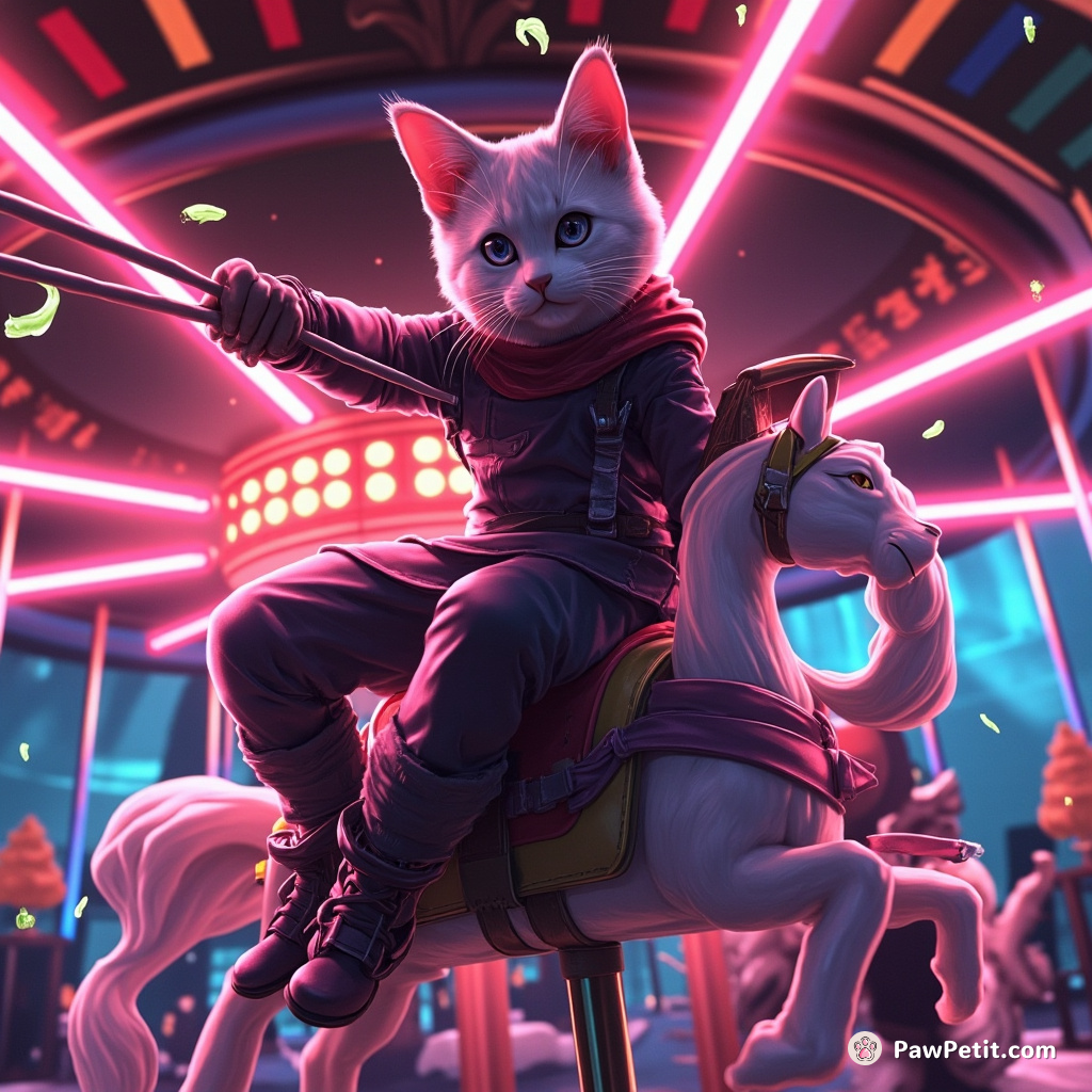 Neon ninja cat striking a pose on a sushi carousel, amidst flying neon chopsticks and exploding wasabi.
