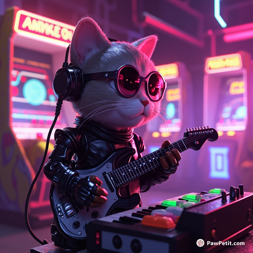 Cyborg cat playing synthwave music in a neon-lit arcade, late 80s style.