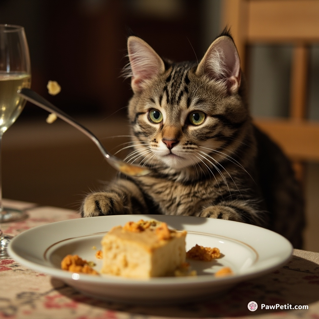 For dinner, the cat majestically offered to help by skillfully "catching" an unfolded teaspoon, misunderstanding human hunting habits.