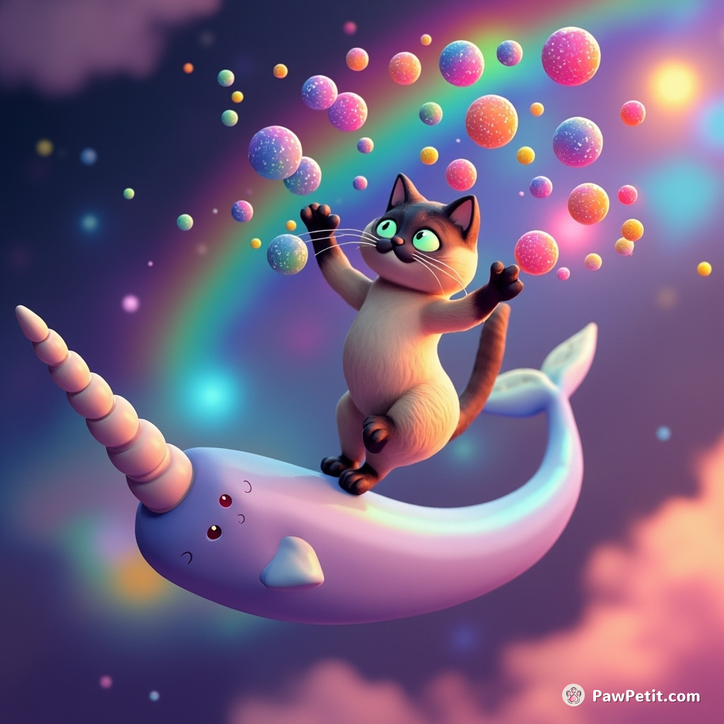 A Siamese cat juggling miniature galaxies while balancing on top of a narwhal's horn flying through a rainbow filled nebula.