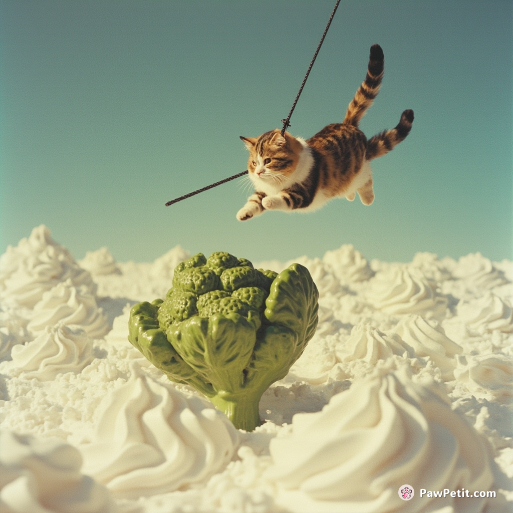 A cat bungee jumping off a brussel sprout statue into an ocean of whipped cream.