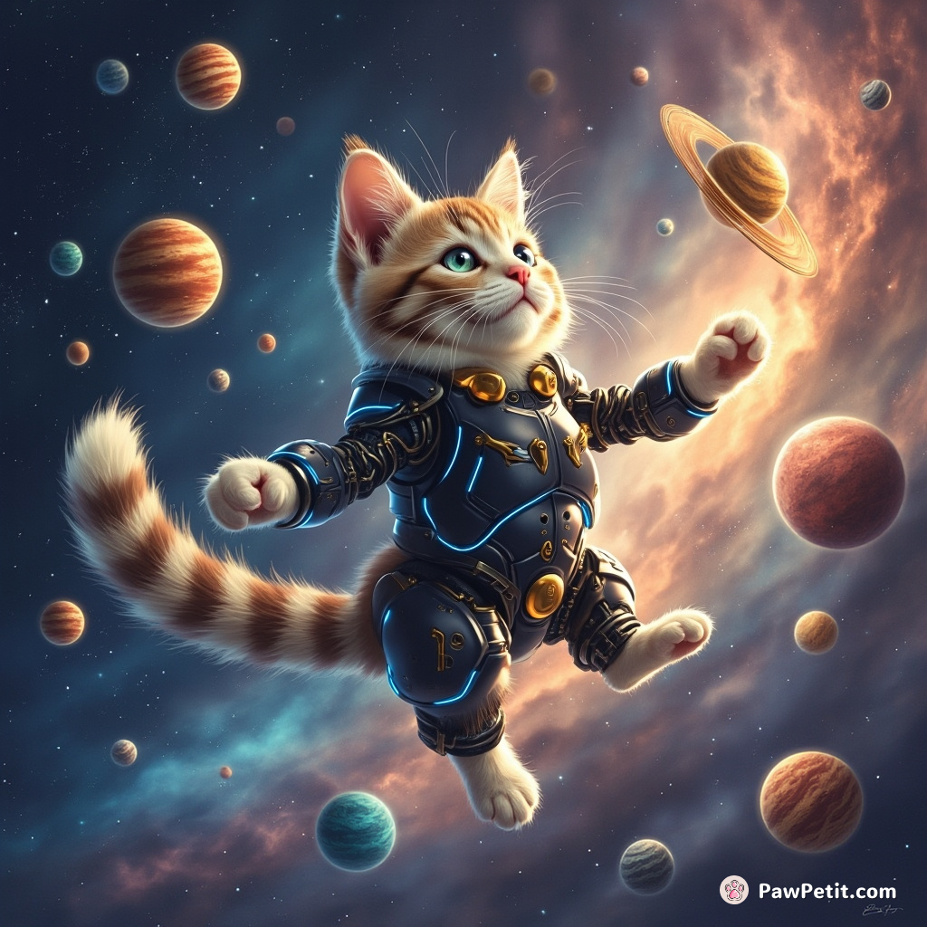 Cyborg cat juggling miniature planets in a luminous nebula.