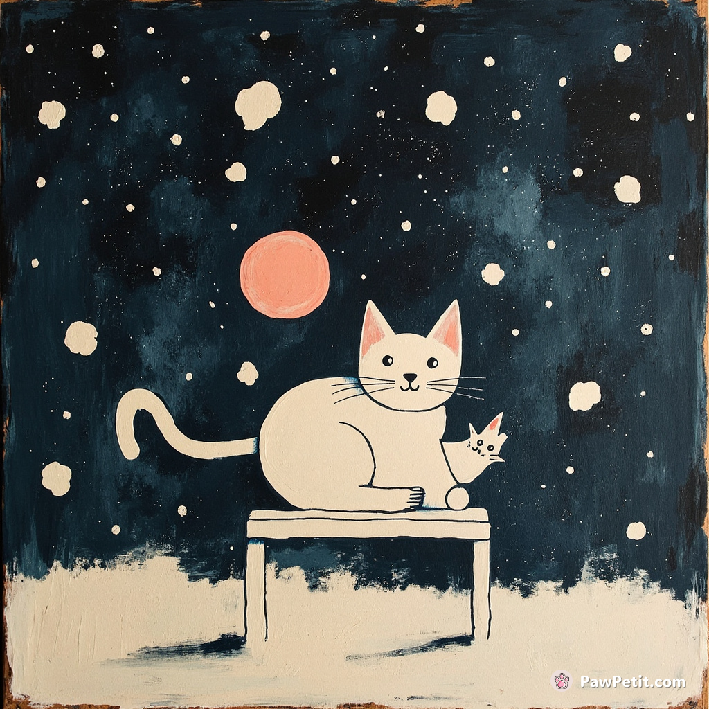 A cat making abstract paintings with its tail in outer space, surrounded by floating paint blobs and stars.