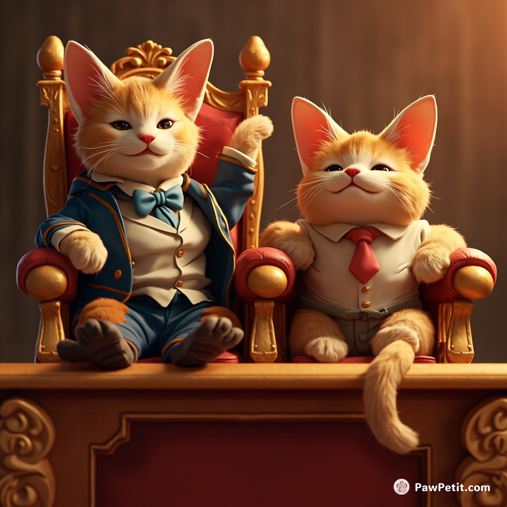 Cats holding court proceedings, opulently lounging on ornate perches commandingly swishing their tails.