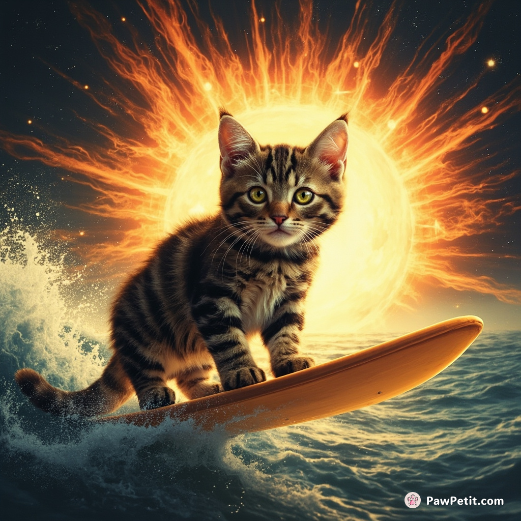 A mystical tabby cat riding a solar flare, wave surfing across the cosmic ocean.