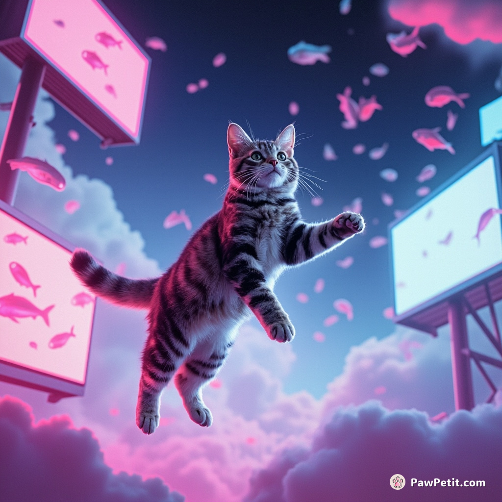 A cat leaps between floating holographic billboards, pouncing on digital fish in a neon-lit sky.