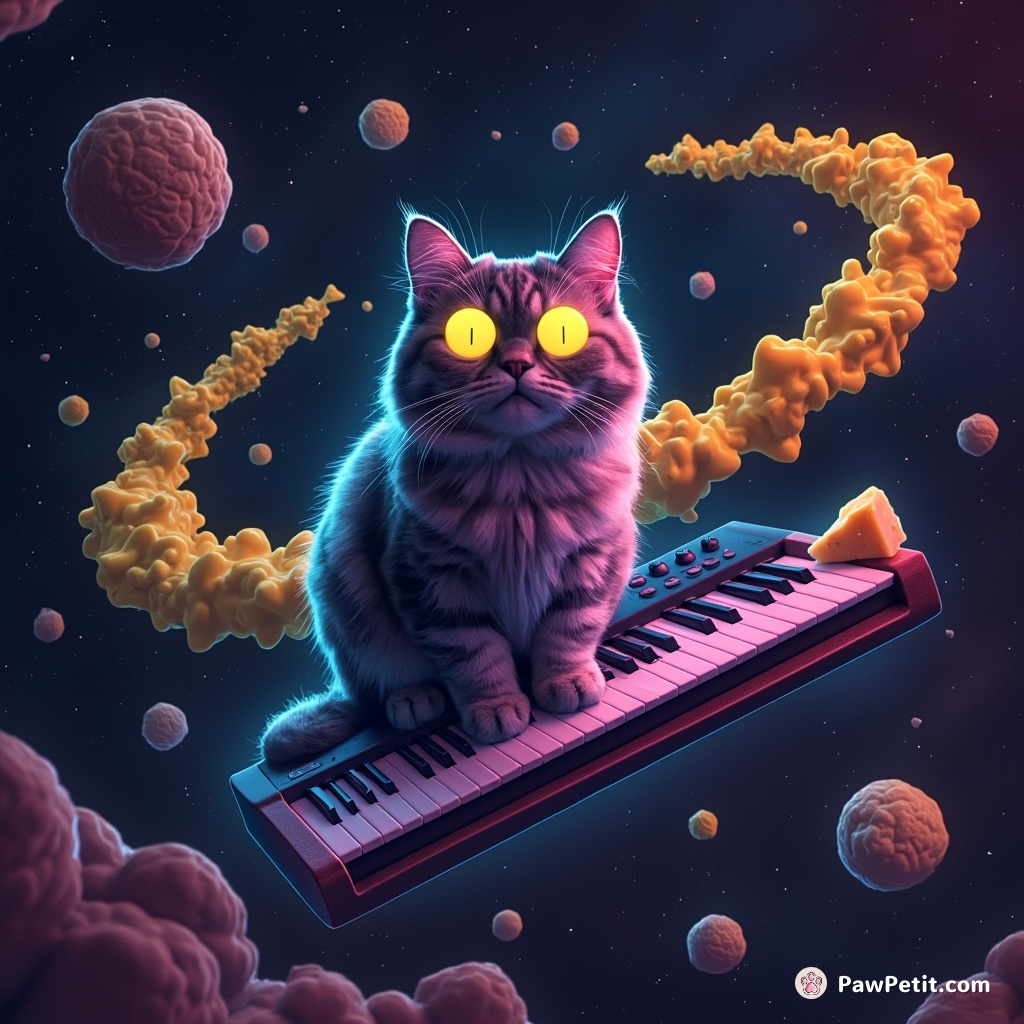 A three-eyed neon cat on a flying keyboard navigating through an asteroid belt of cheese.