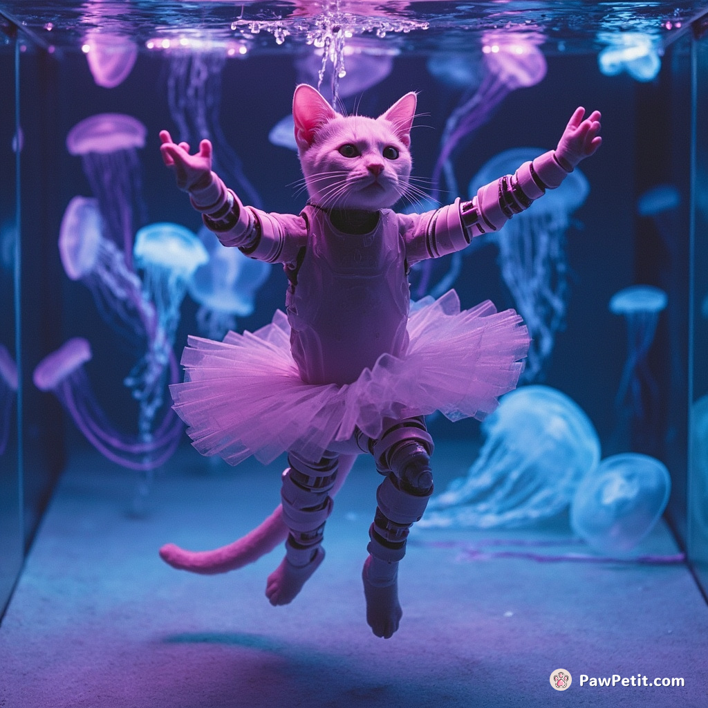 A cybernetic cat performing water ballet in an aquarium filled with glowing neon jellyfish.