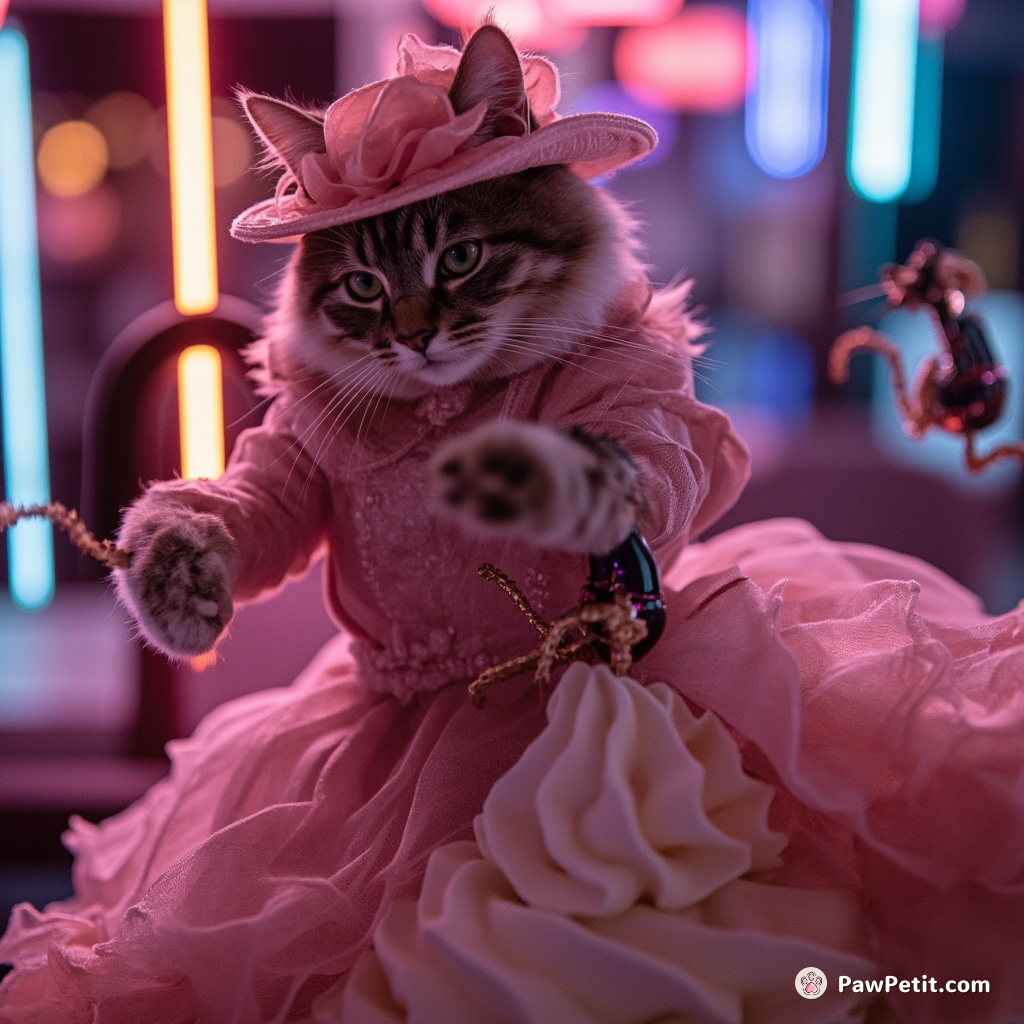Cat wearing Victorian-era dress, immersed in salsa dancing with robotic mice under neon lights on a large dollop of whipped cream.