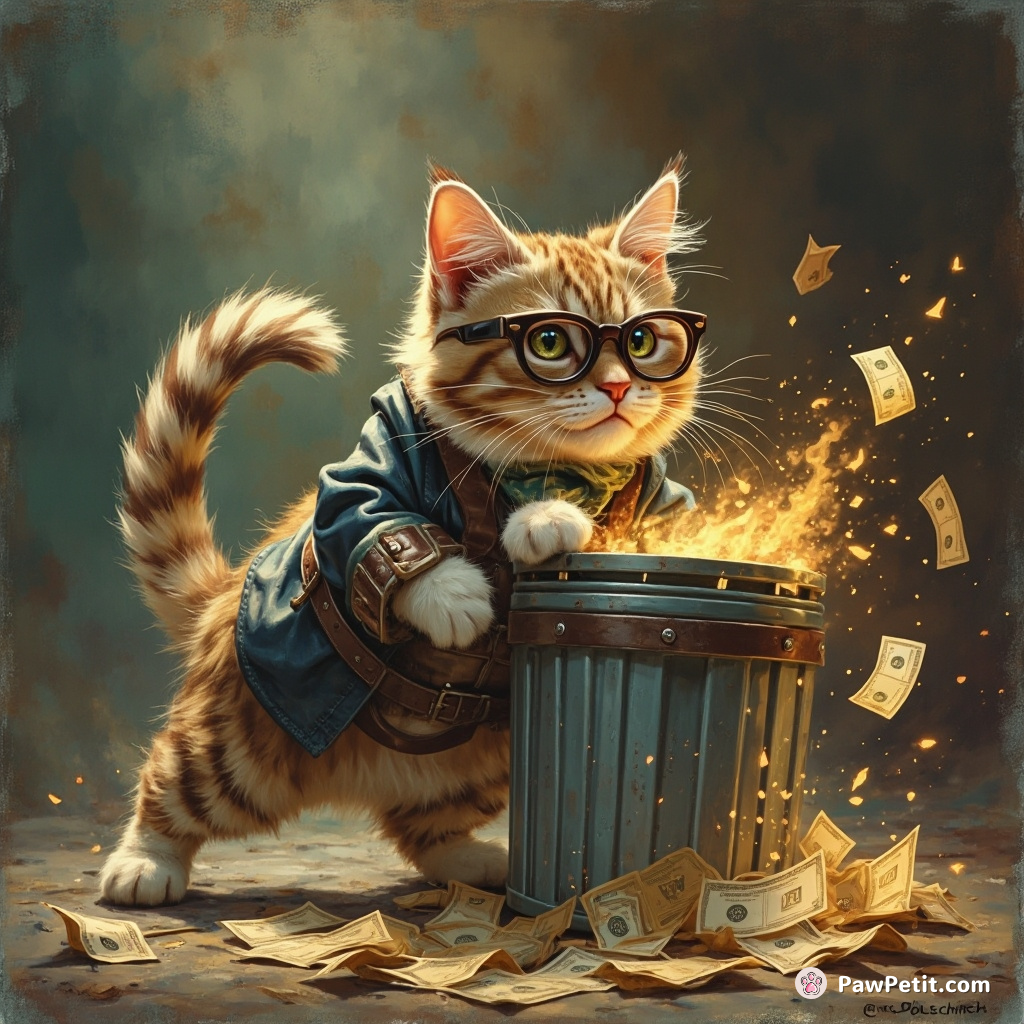 Fluffy the cat attempts a bank heist, nervously wagging tail as she "casually" knocks over the "vault" - a trash can.