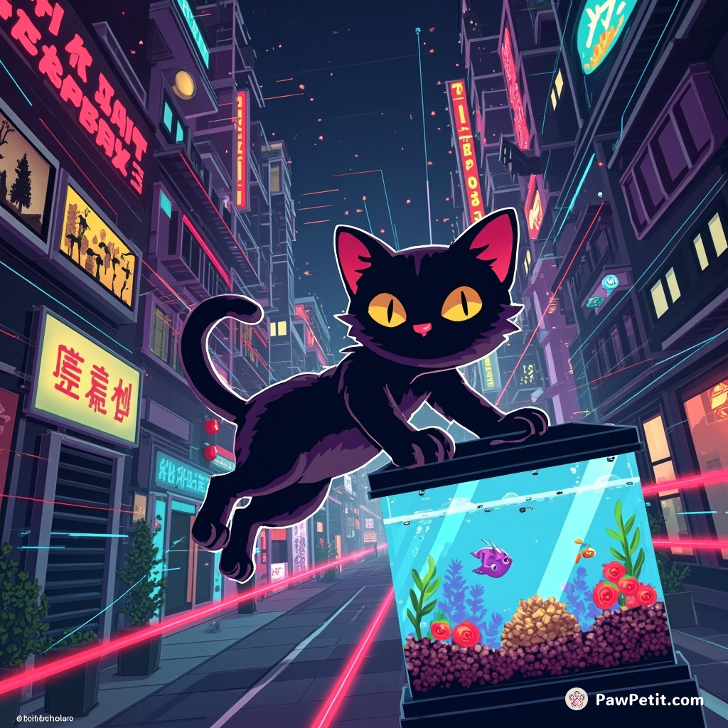 High-tech metropolis, a feline shadow slips through laser security grids, executing an improbable suburban fish tanker heist.
