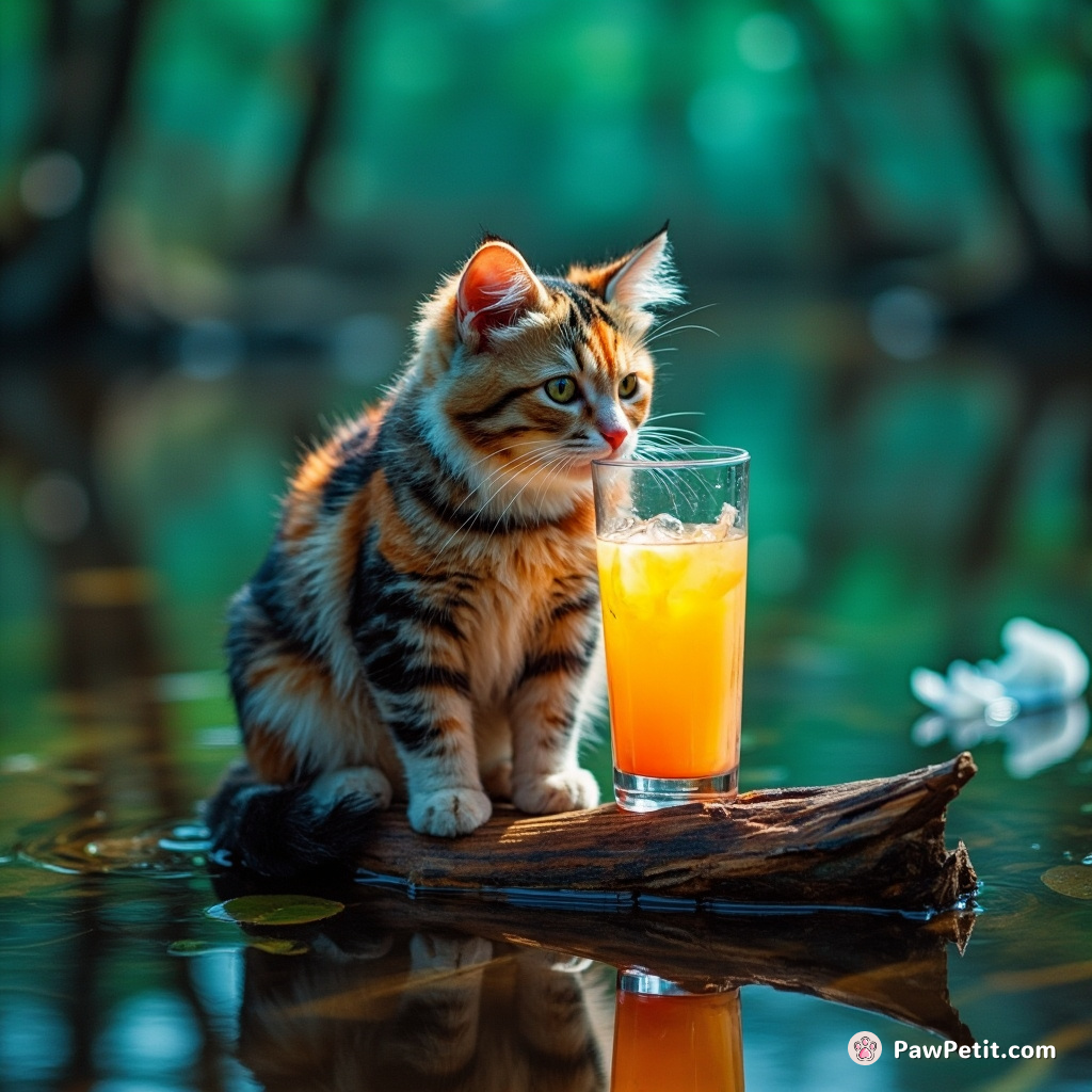 A multi-colored cat gently sipping neon soda from a crystalline cup on a floating log in alien swamp.