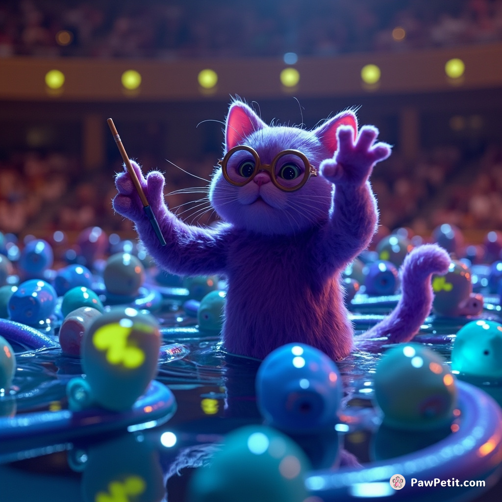 A neon-purple cat conducting a symphony of electric eels in a flooded concert hall.