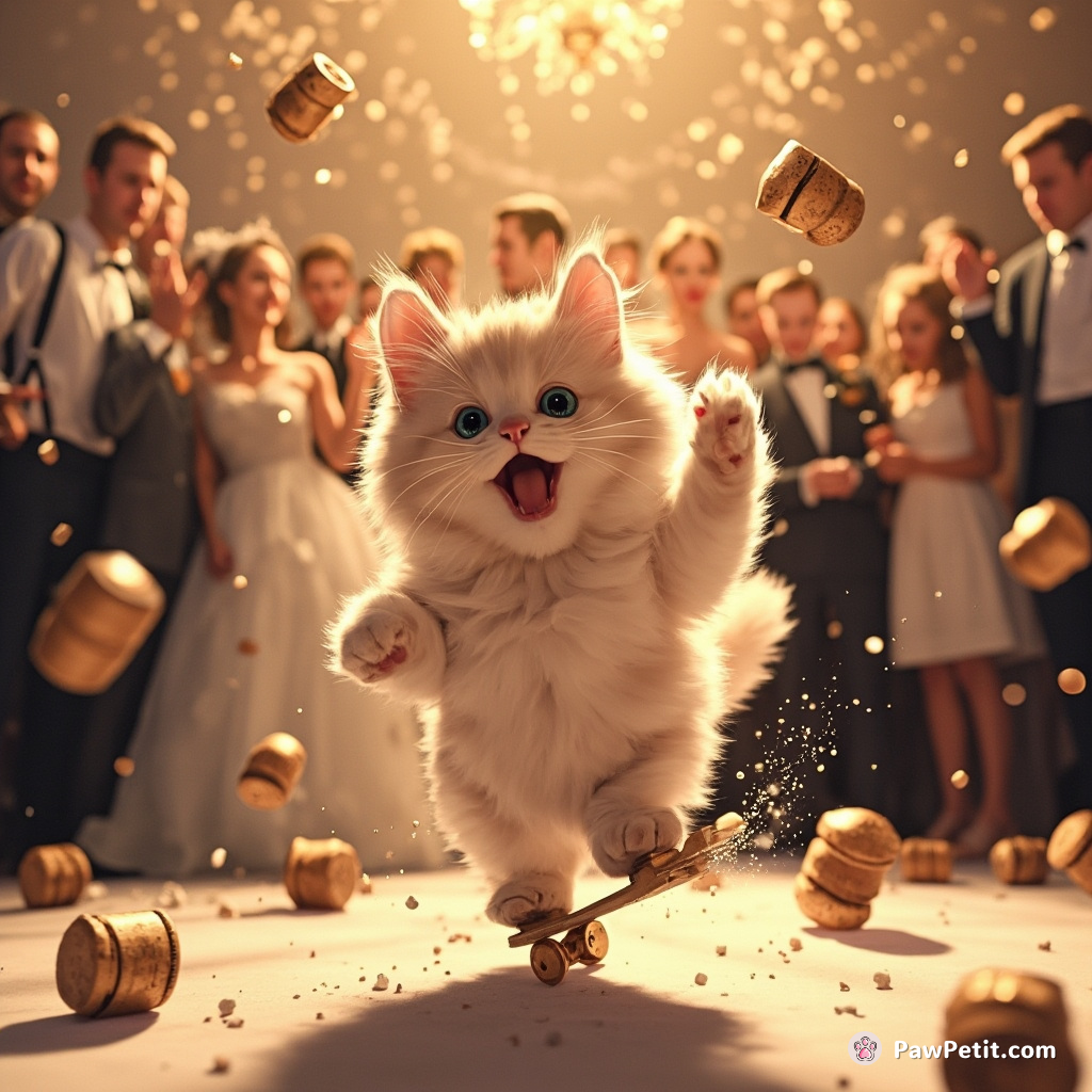 Colliding amidst a bustling wedding ceremony, the cat wildly skates across the dance floor on an errant champagne cork.