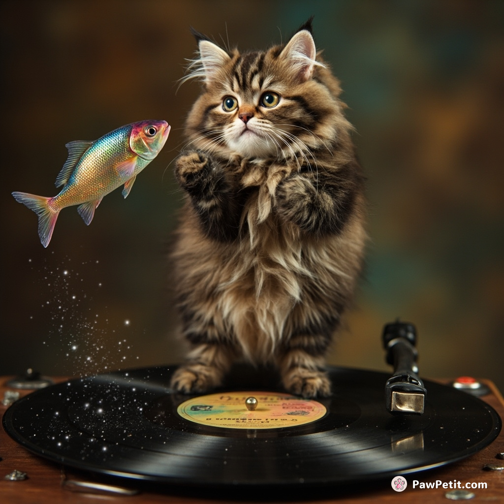 Cat tap-dancing on a galactic vinyl record while juggling cosmic fish.