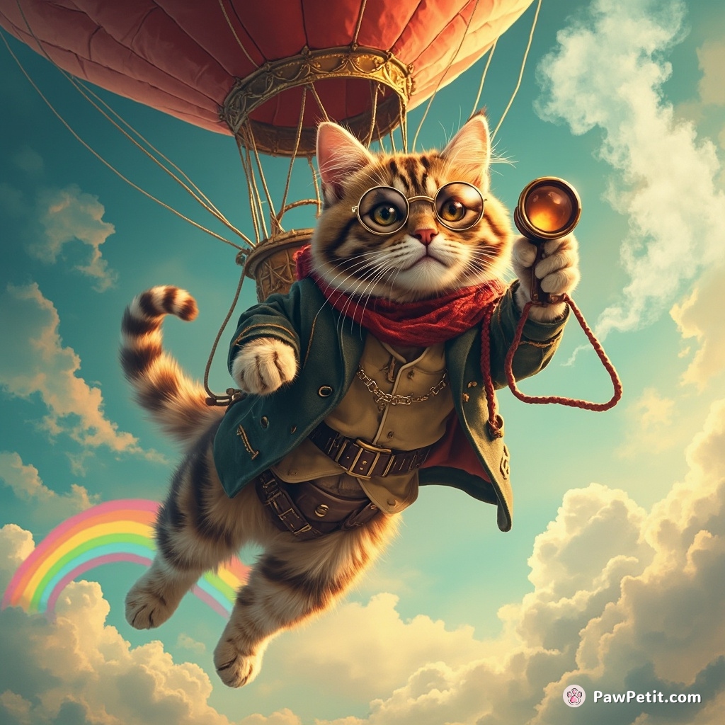 A steampunk cat sky-diving from a hot air balloon carrying an antique spyglass with trail of rainbow smoke.