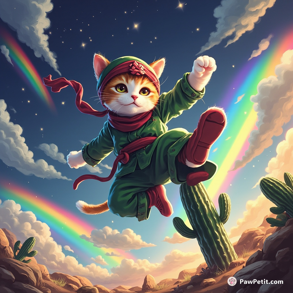 Cat ninja performing a spectacular mid-air flip over a cactus, in the midst of a meteor shower with rainbows.