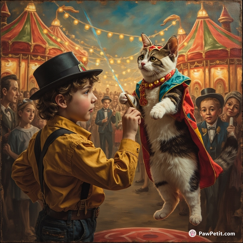Carnival visitor unknowingly selects prophetic feline Ringmaster, acrobat-cat astonishes all, reigning victorious human's games just by swatting laser pointer spotlights.