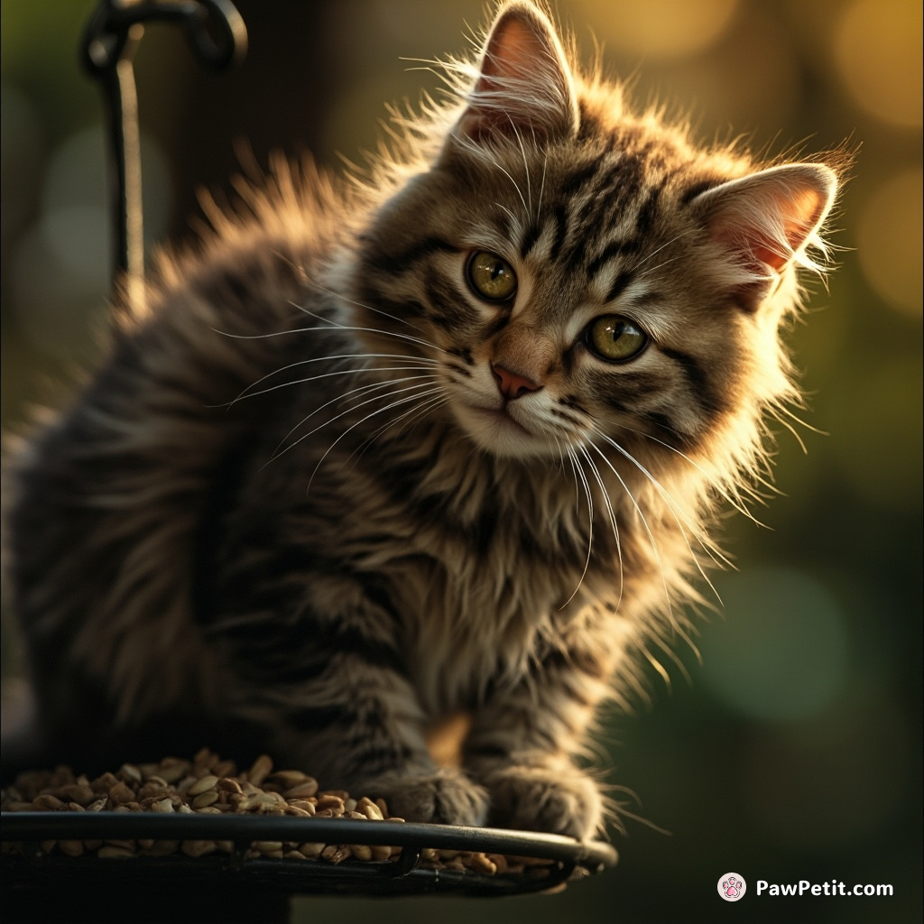 The cat's heist: Fluffy expertly scales the bird feeder, "liberates" seeds, then naps like a king on top.