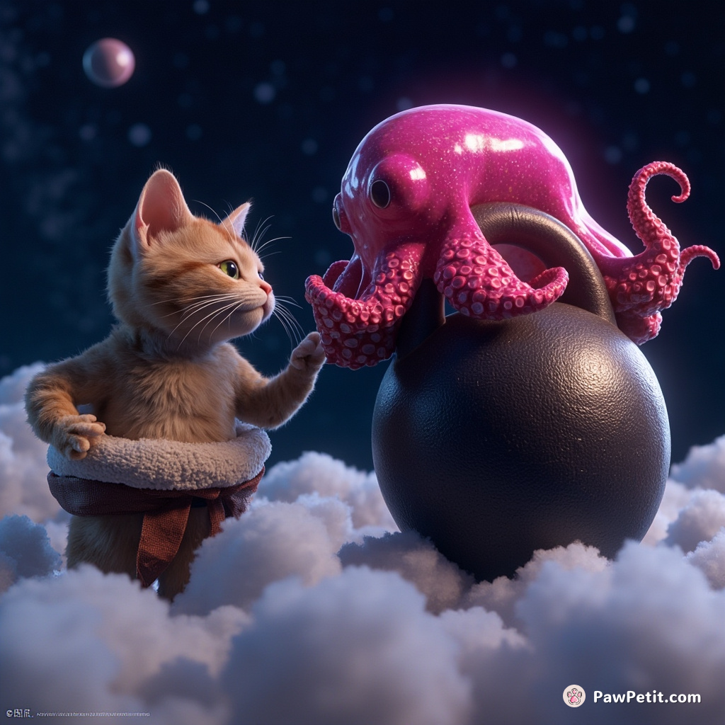 A cat in a sumo wrestler suit squaring off with an iridescent ghost octopus, both on top of a giant kettlebell floating in outer space.