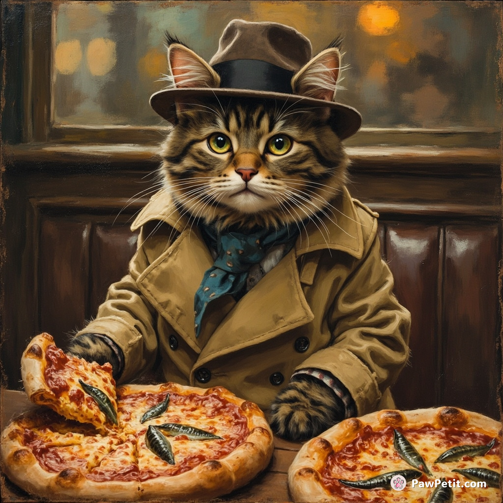 Cat, in trench coat and fedora, orders 50 sardine pizzas, then flees the scene with a "meow" and a wink.