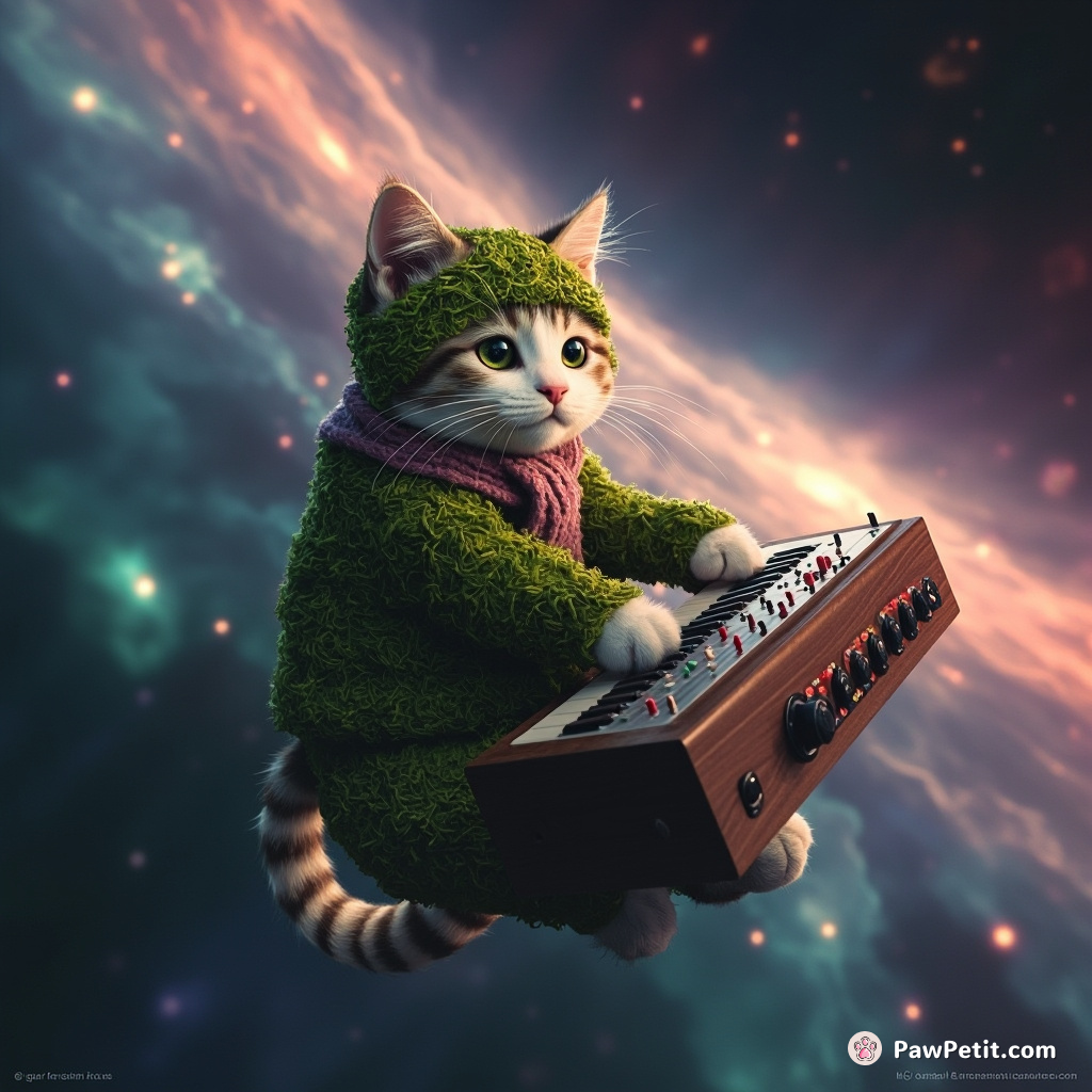 A moss-covered cat interpreting Chopin on a theremin while floating in a cosmically-hued space vortex.