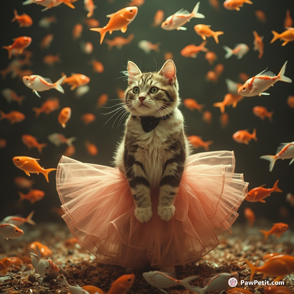 Cat re-enacting the iconic Marilyn Monroe skirt scene amidst a shower of multicolored fish.
