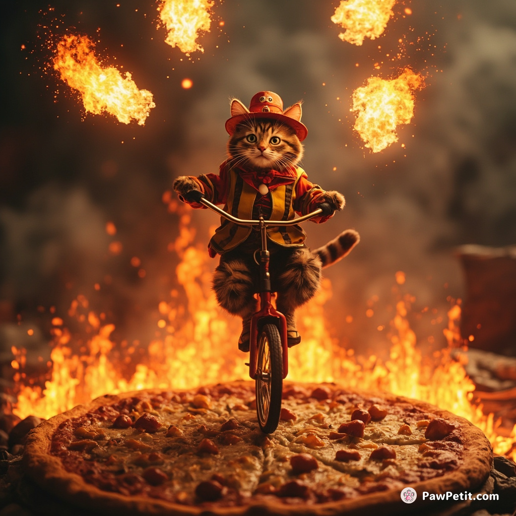 A circus cat juggling fireballs while riding a unicycle on the rim of an erupting volcano atop a giant pizza.