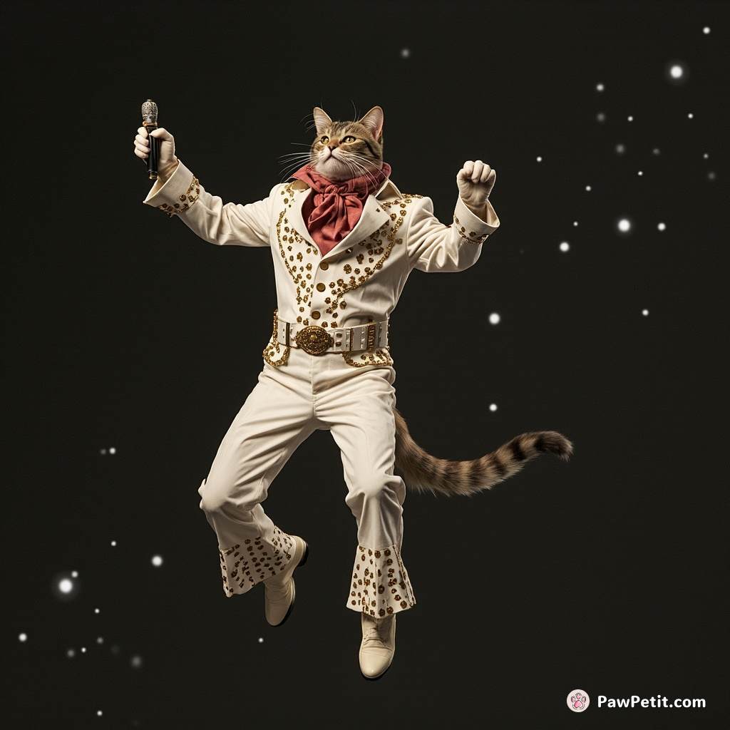 Cat performing a Victorian era opera in space, dressed as Elvis Presley.
