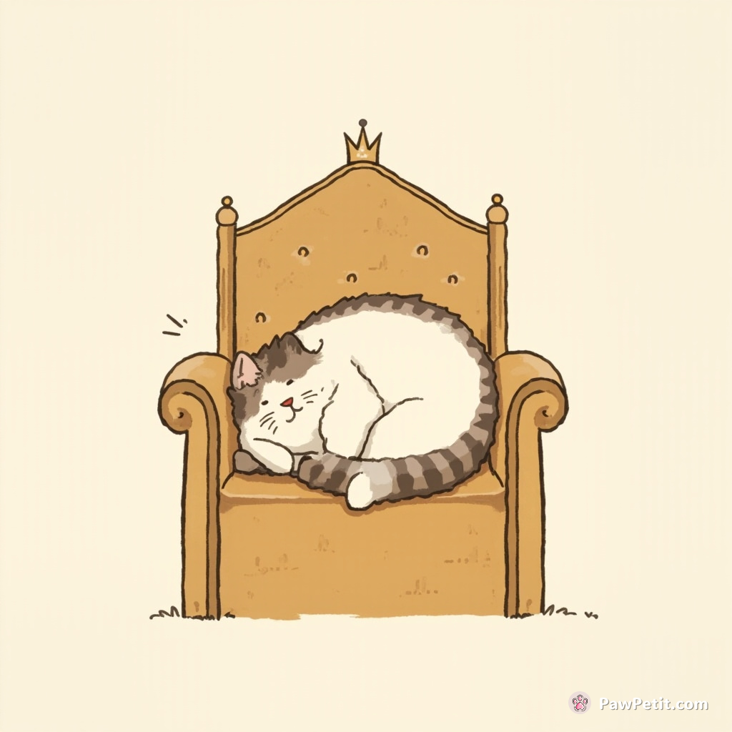 A cat's nap atop a royal throne is mistaken for a grand political statement, crowning it as the "Wise Sovereign of Slumber.