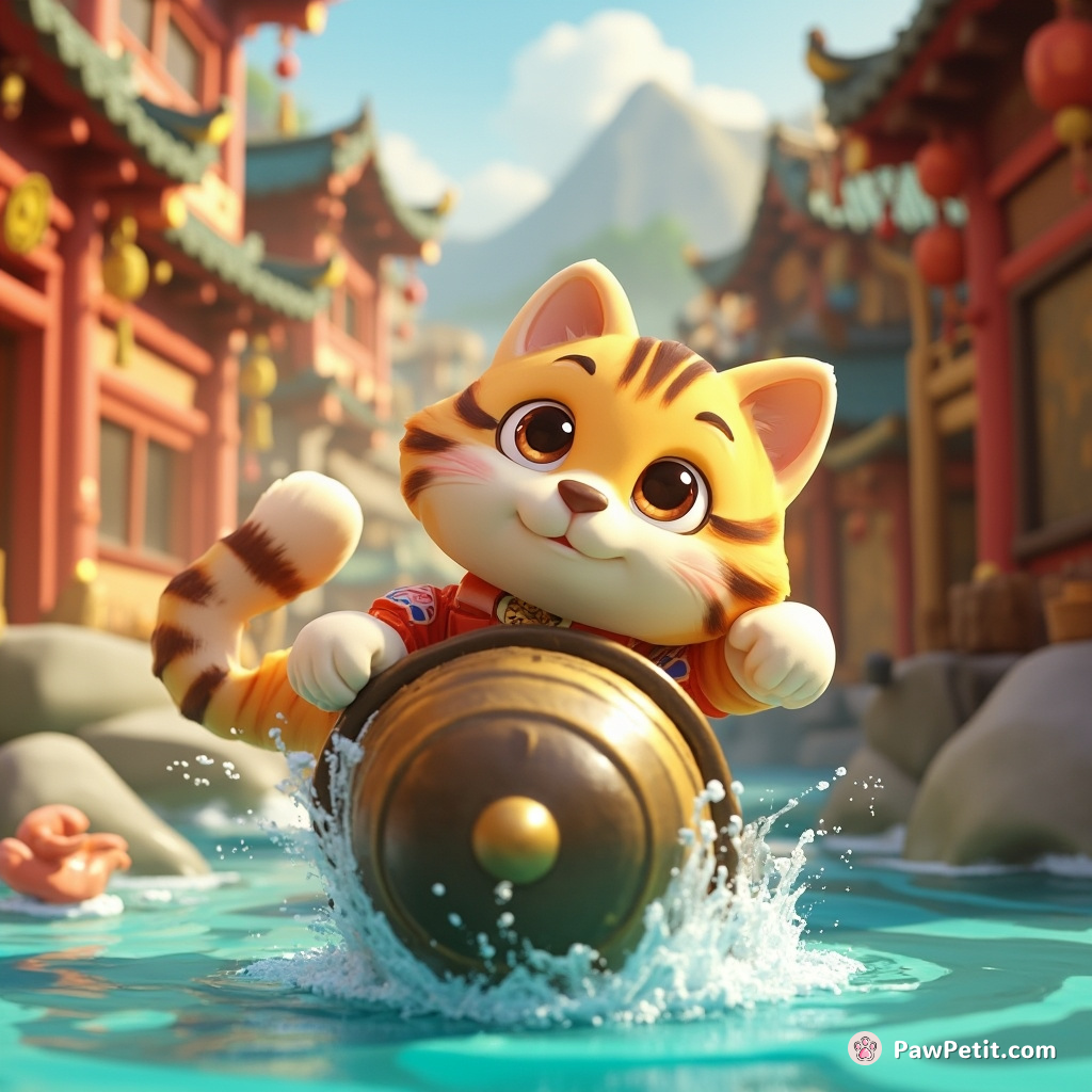 After accidentally hitting a town's ancient ceremonial gong, a cat ends up thwarting an imminent disastrous flood.