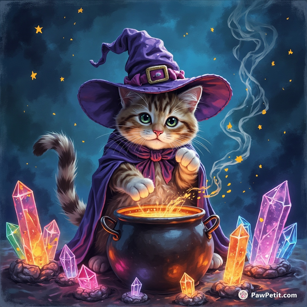 Cat making a magic potion in a cauldron, wearing witch's hat and Robe illuminated by the glow of neon-colored crystals.