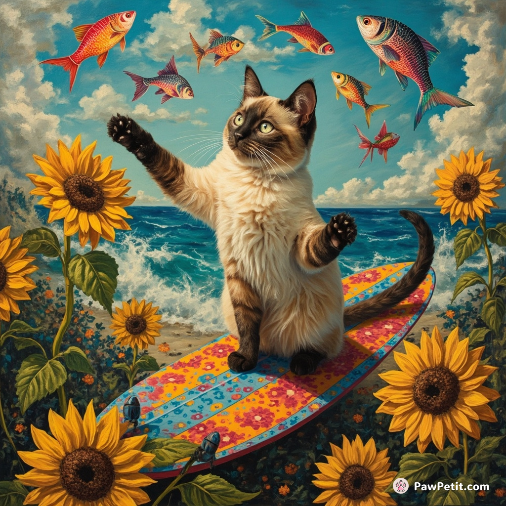 A disco-ball-like Siamese cat juggling multicolored fish on a psychedelic surfboard among singing sunflowers.