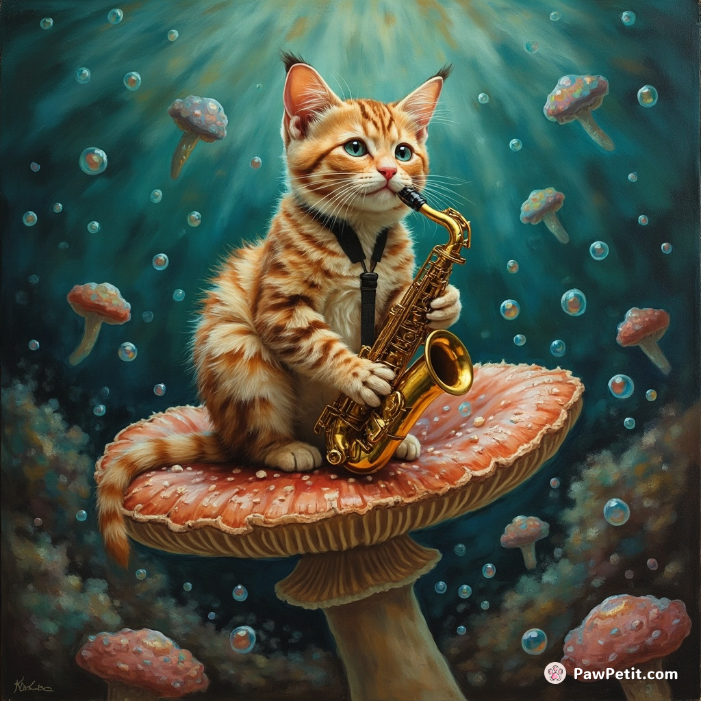 A regal sphynx cat playing a shiny saxophone atop a giant mushroom in an undersea jazz club, bubbles flowing around.