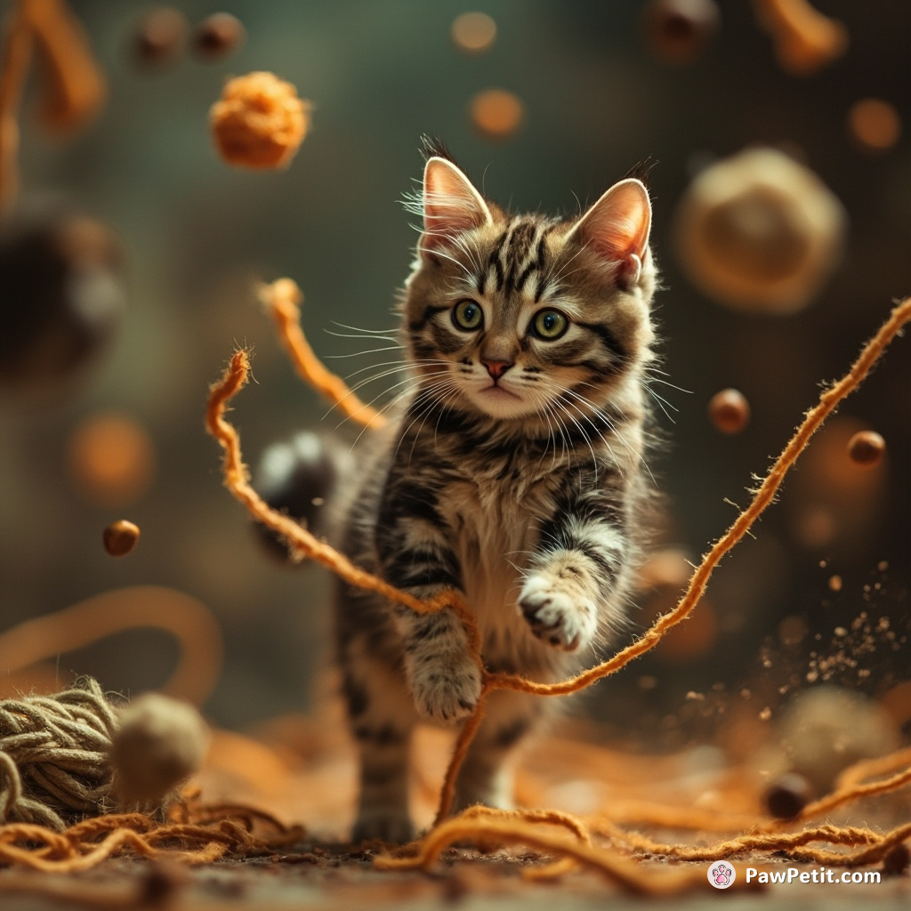 In a chaotic scene, the cat frantically darts and leaps to escape the tangled yarn and dancing feet.
