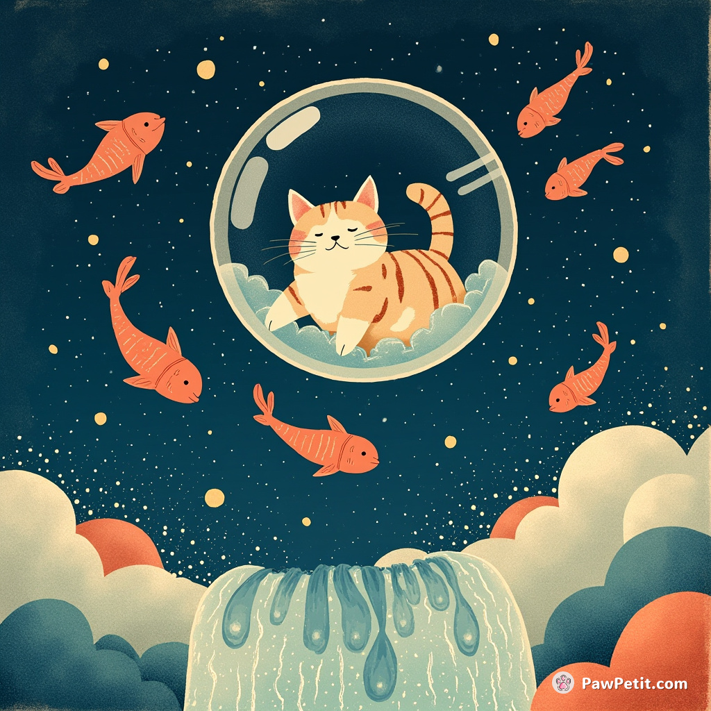 A cat floating in a bubble, juggling flaming fish in the middle of a cascading doughnut waterfall under an indigo polka-dotted sky.